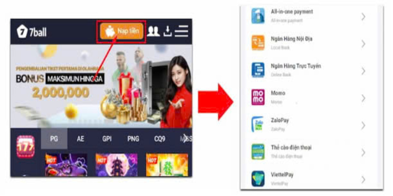 nạp tiền 7Ball  bằng ví điện tử